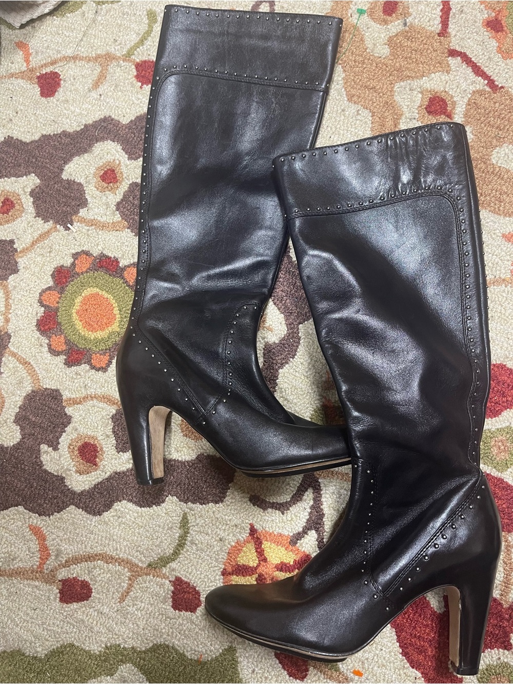 Cole Haan Black Leather Mid-Calf Studded Heel Boots